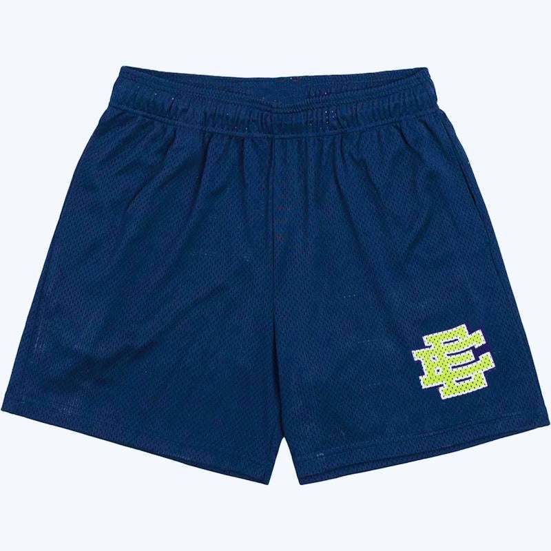 Boys dark blue mesh sports shorts with elastic waist and embroidered side logo