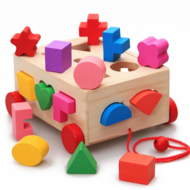 Pulling a 15 hole car intelligence box for children aged 0-3, shape matching of educational toys, baby color recognition building blocks
