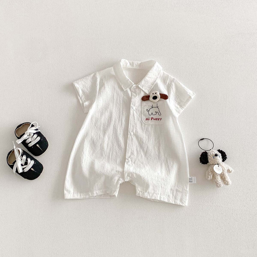 Summer New Boys' Cool White Polo Neck Romper, Baby Thin Cotton Short Sleeve Crawling Suit