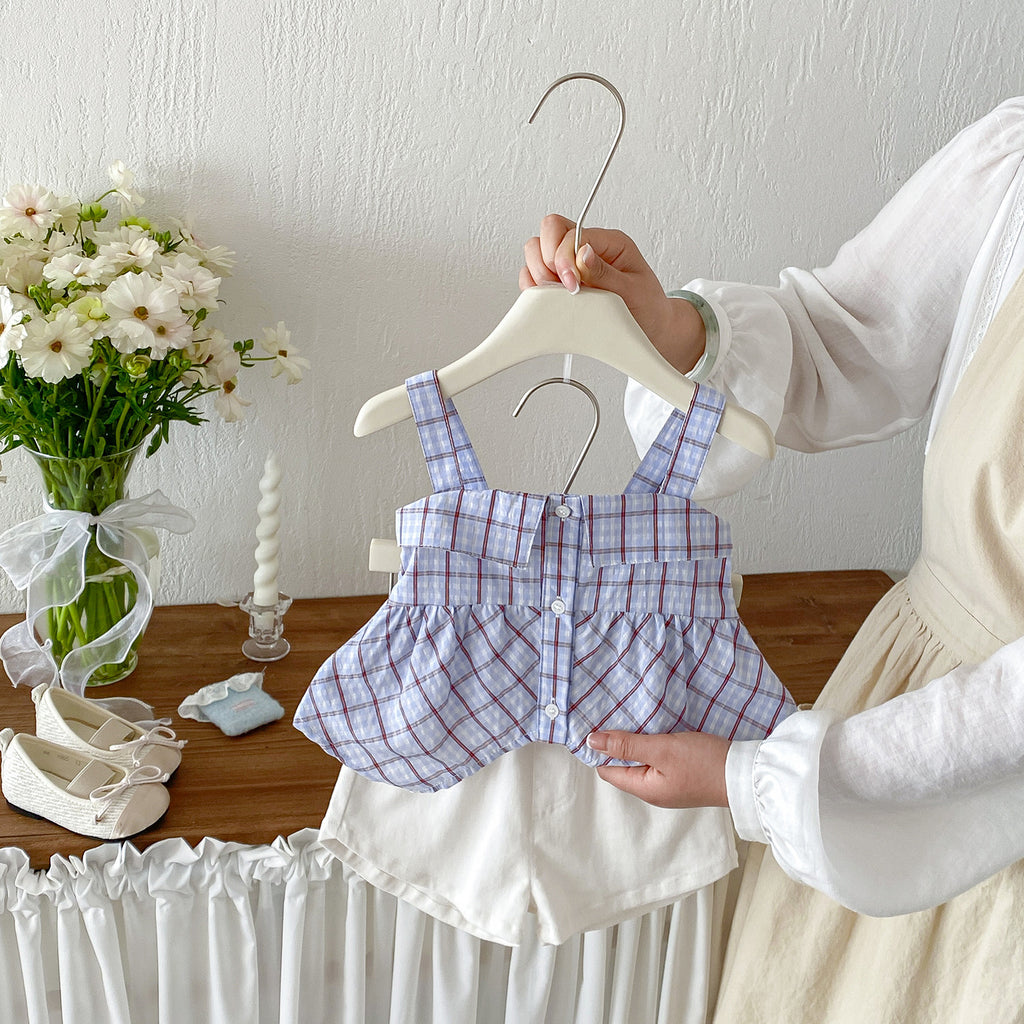 Plaid Strap Top and Lightweight Casual Cotton Shorts for Baby Girls
