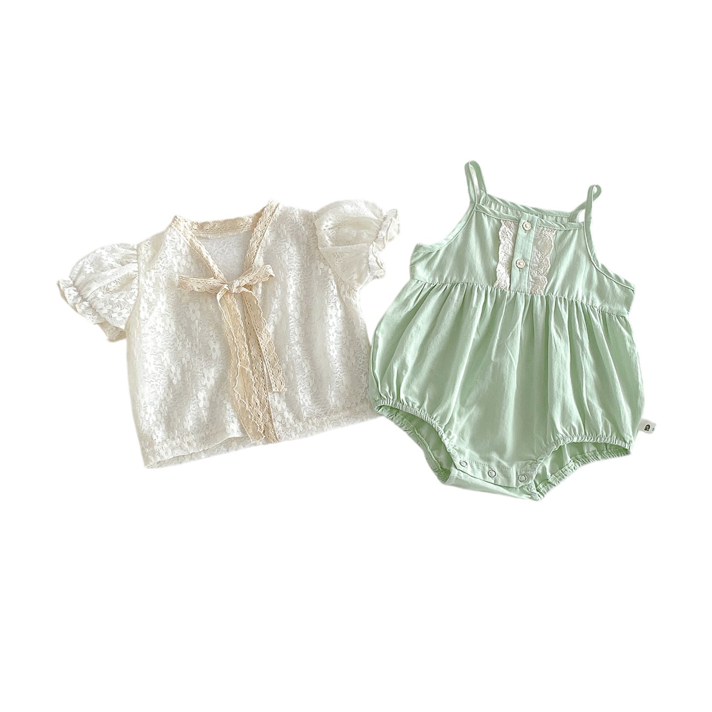 Cute Lace Puff Sleeve Cardigan Thin Outerwear with Matching Romper Set for Baby Girls Summer New Style