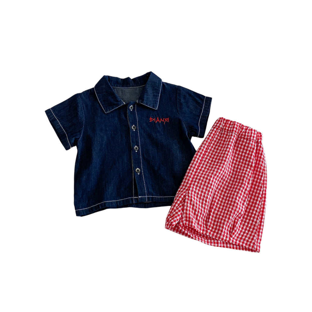Baby Casual Simple Denim Shirt Set, Boys' Summer New Short Sleeve Checkered Pants Two-Piece Set