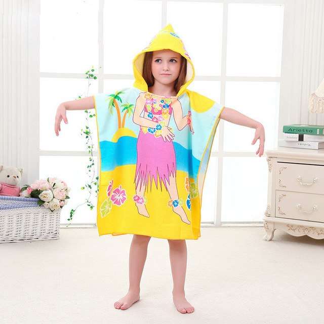 Kids hooded microfiber beach towel, yellow with cartoon mermaid girl and starfish