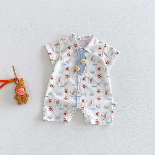 White short-sleeve baby romper, button placket, allover colorful cartoon prints