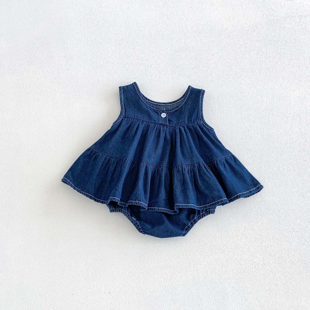 Child's Summer Sleeveless Denim Romper Dress with 3D Bow, Fashionable Baby Outfit