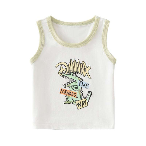 Baby modal tank top with light green trim and dinosaur "Dinnard the..." graphic