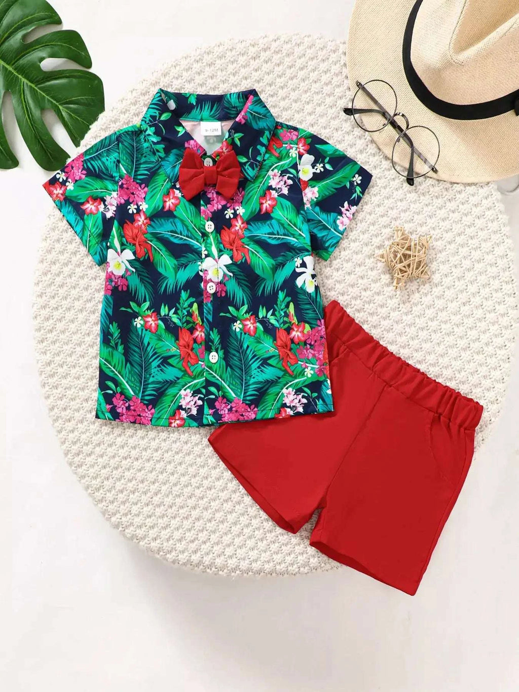 Kids tropical print shirt with red bow and matching red shorts