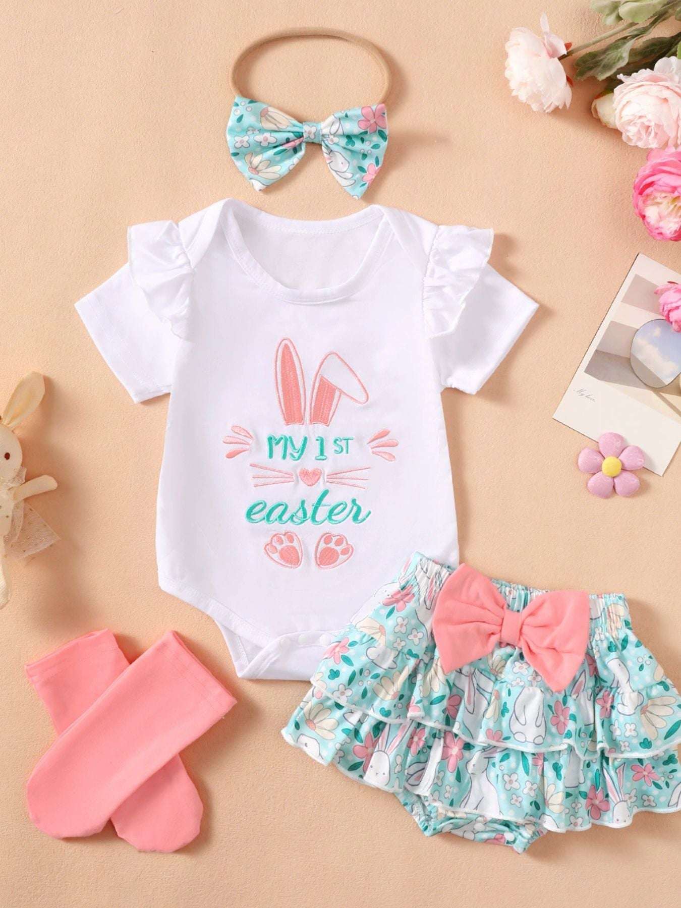 Kids ruffled bodysuit and skirt set with headband, white top with blue skirt and socks