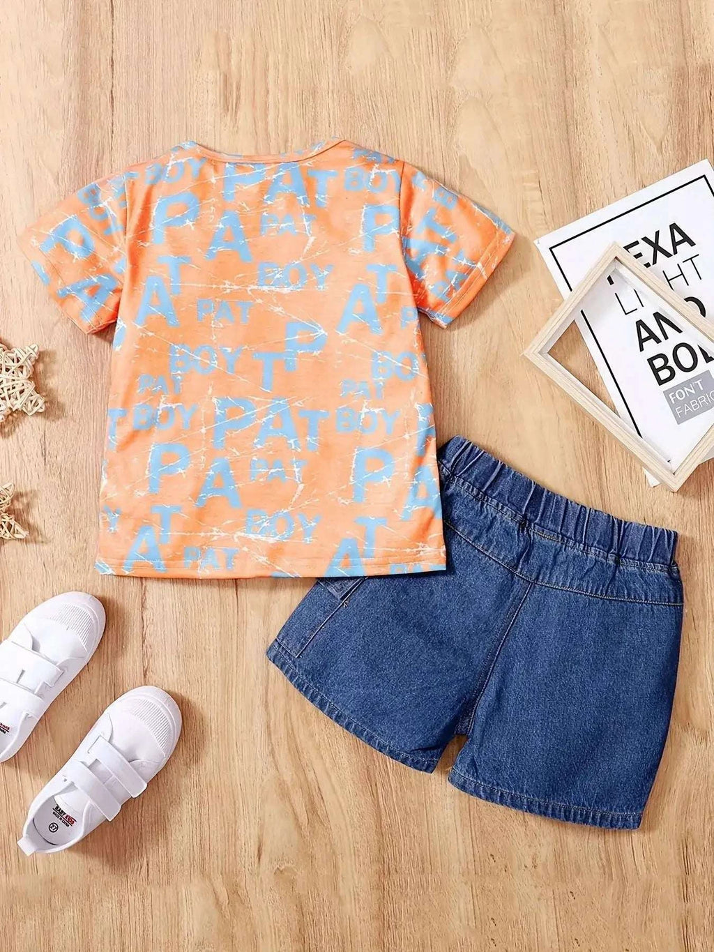 Kids orange letter-print T-shirt and denim shorts set, back view