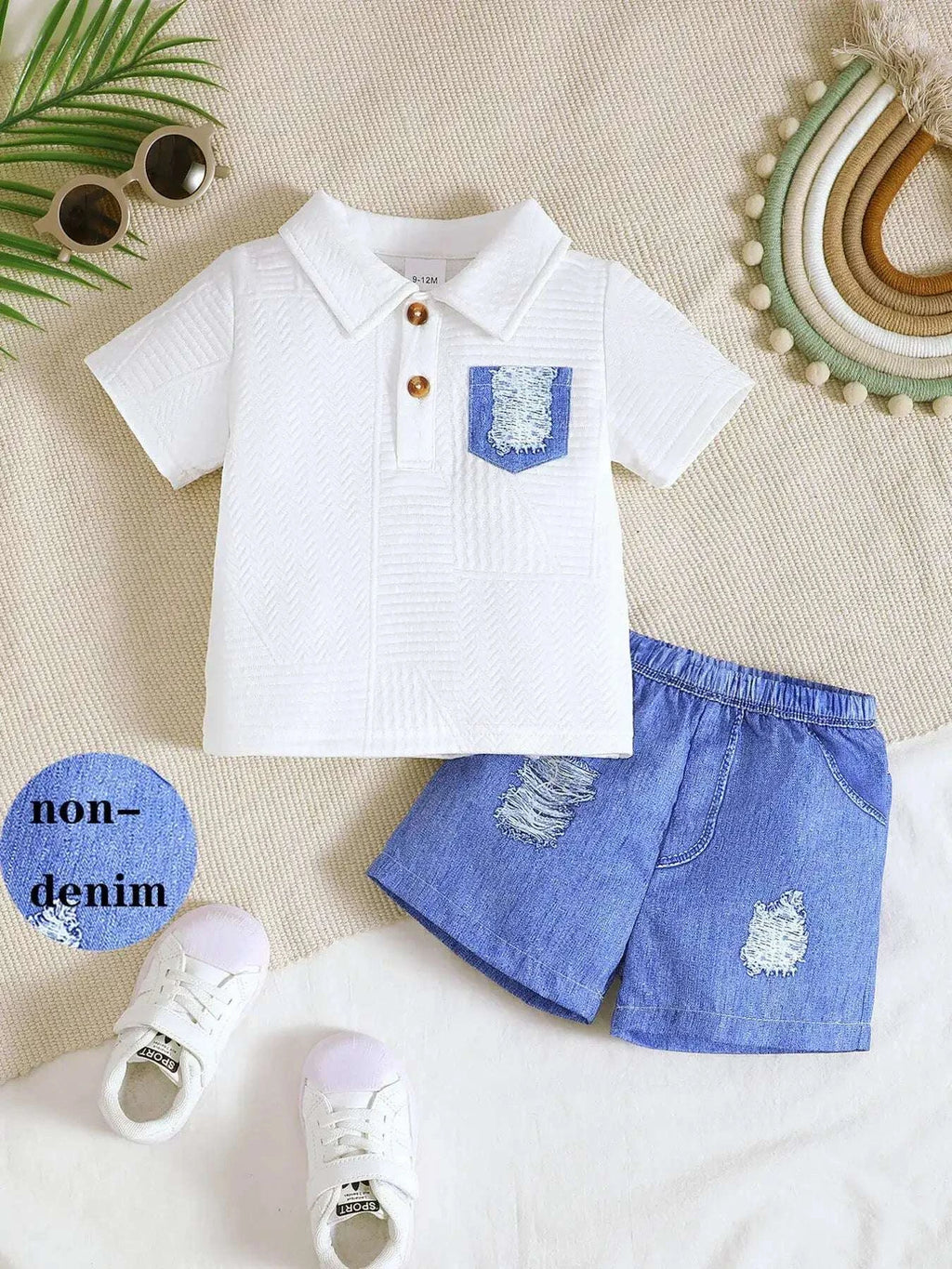 White textured polo shirt with blue chest patch and button placket