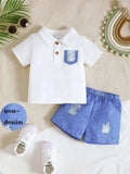 White textured polo shirt with blue chest patch and button placket