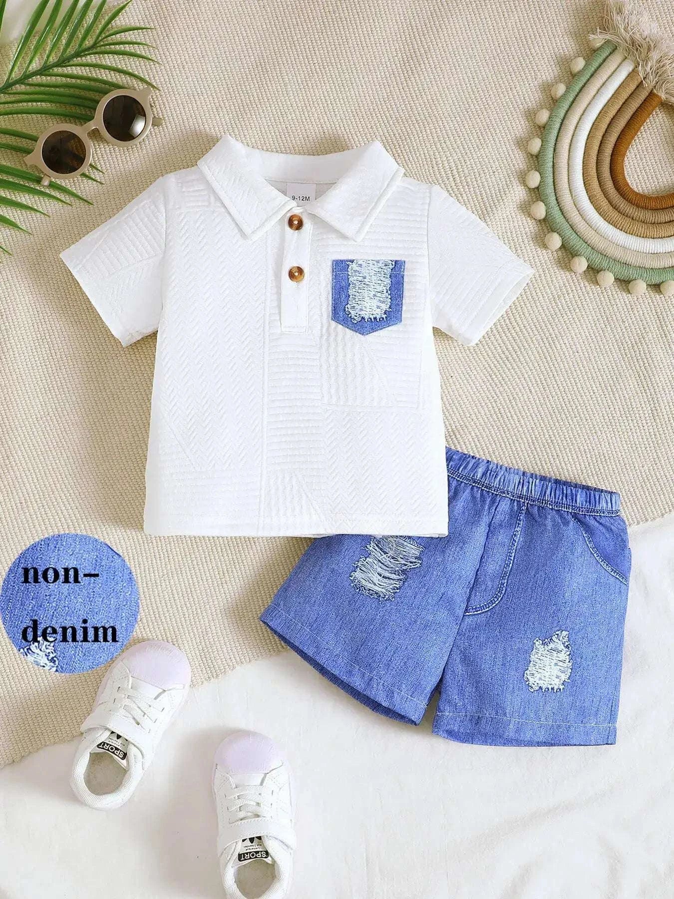 White textured polo shirt with blue chest patch and button placket