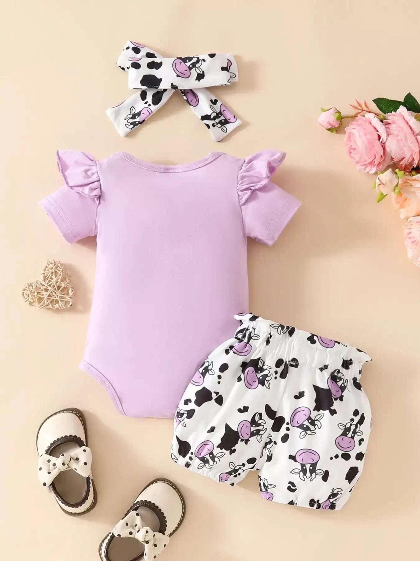 Violet ruffled cow bodysuit with printed cow shorts and matching bow headband set