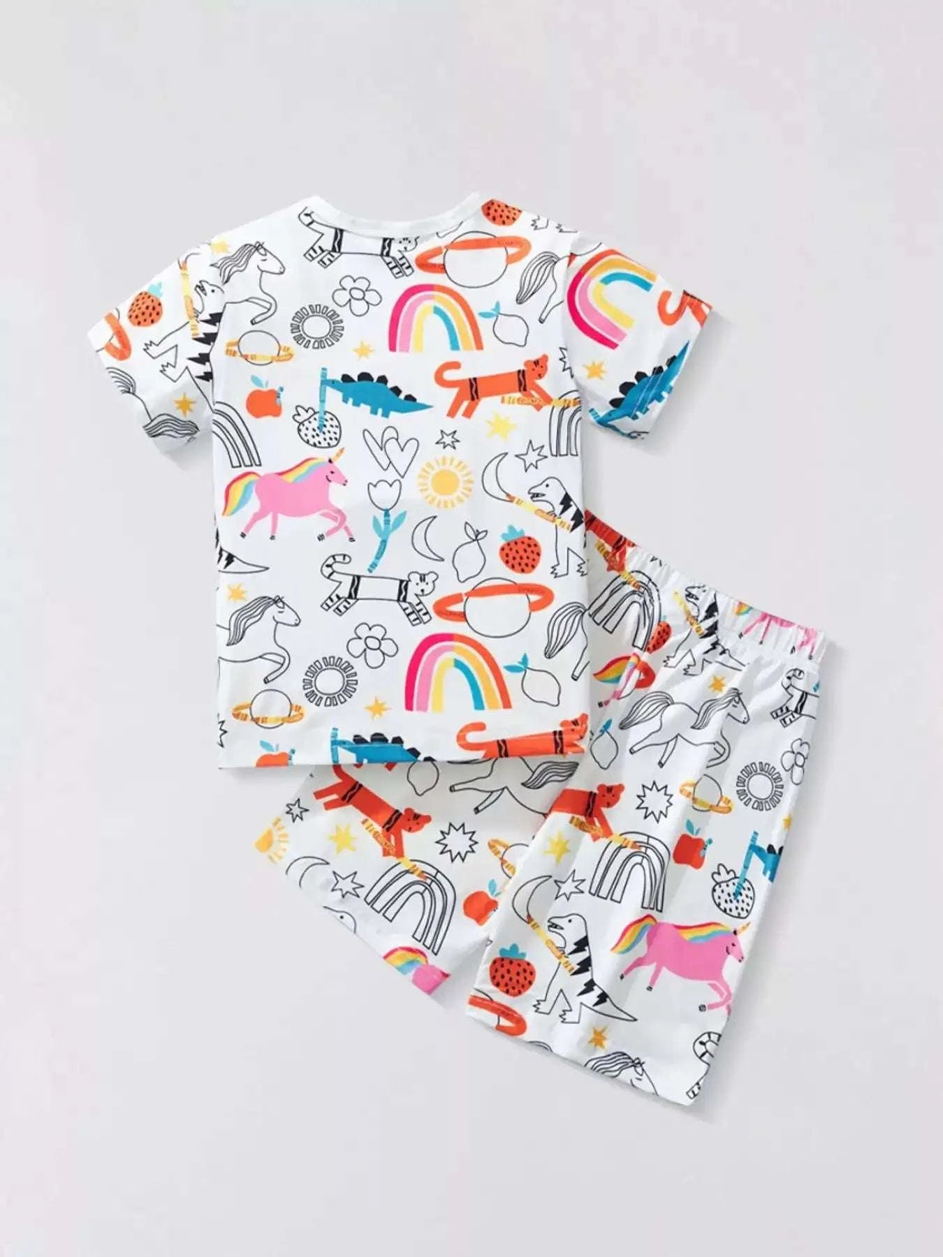 Kids cartoon print short-sleeve tee and shorts set, white with rainbows and dinos