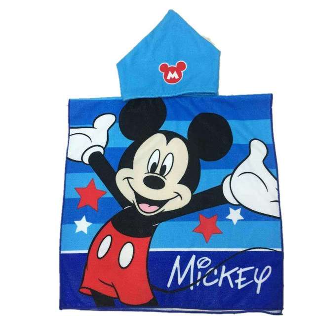 Kids hooded beach towel, blue Mickey Mouse with stars and red shorts