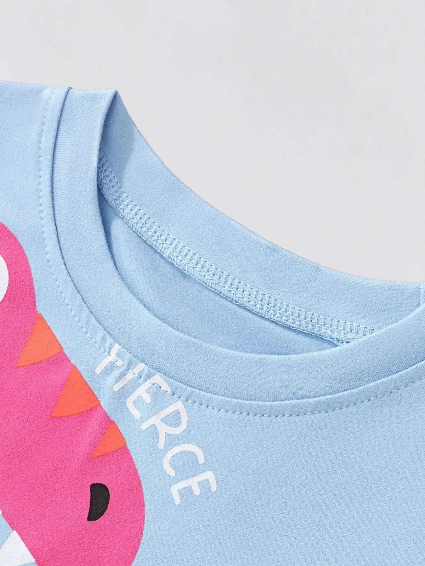 Light blue crew neck T-shirt with cartoon animal face and partial 'FOREVER' text