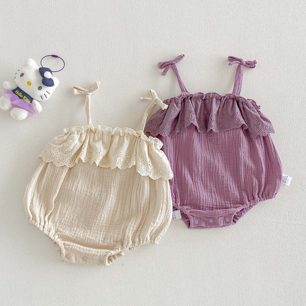Cute Baby Girl Summer Romper with Lace Collar, Sweet Thin Cotton Sleeveless Onesie