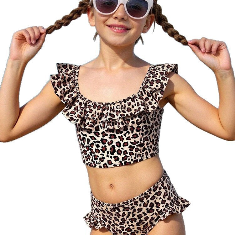 Leopard Print Short Sleeve Swimwear for Kids