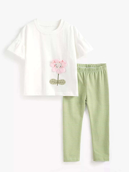 Children's white ruffle-sleeve top with pink flower applique and striped green pants