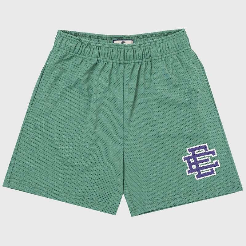 Boys green mesh sports shorts with elastic waist and embroidered side logo