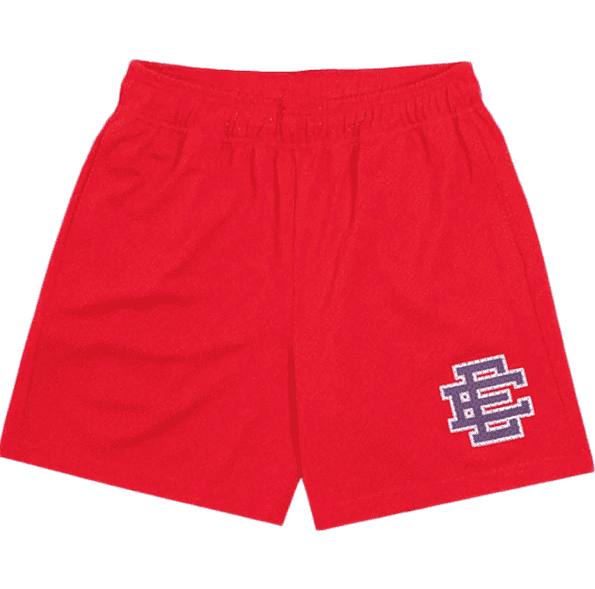 Boys red mesh sports shorts with elastic waist and embroidered side logo