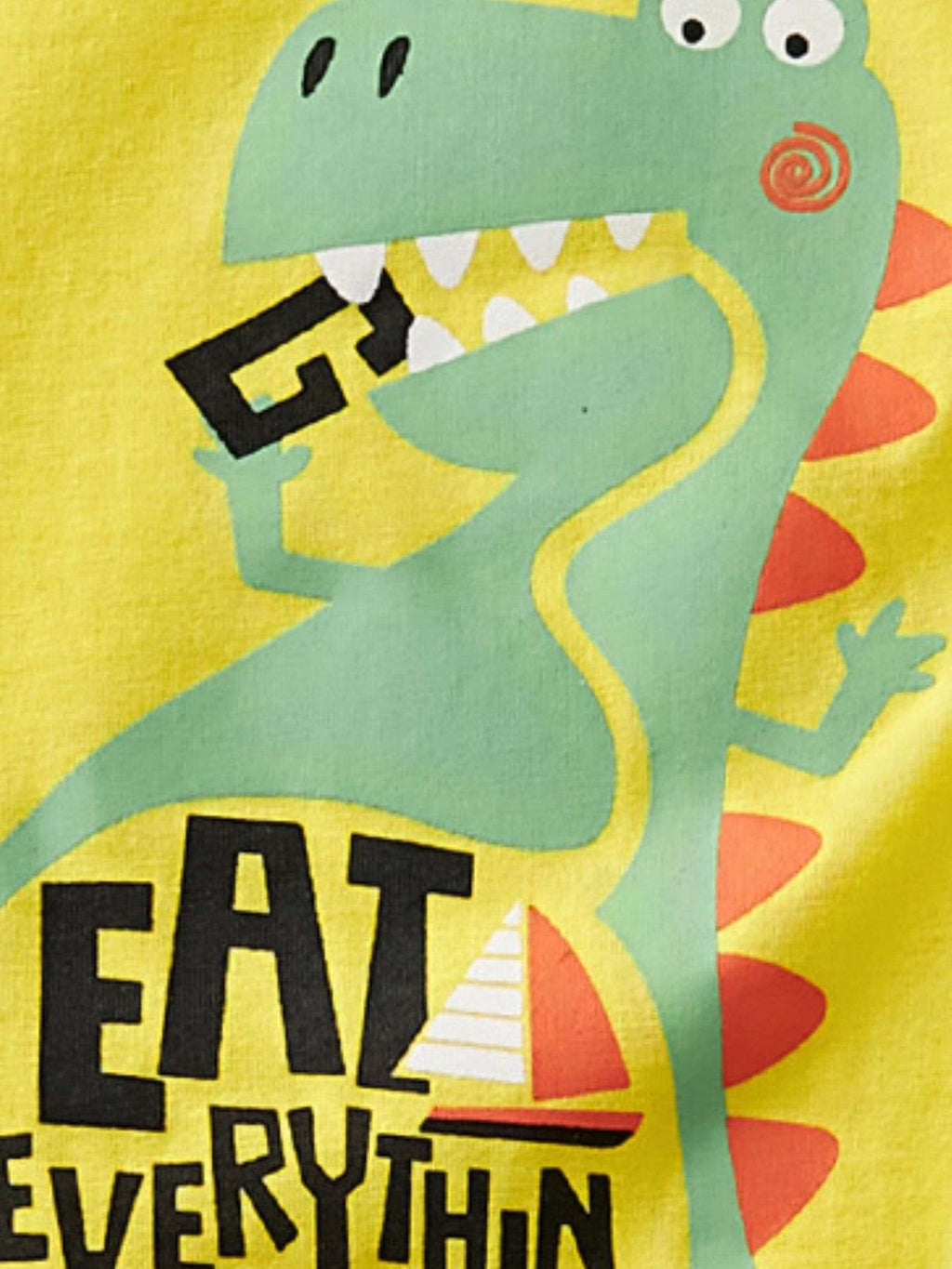 Yellow dinosaur graphic tee front with bold text print