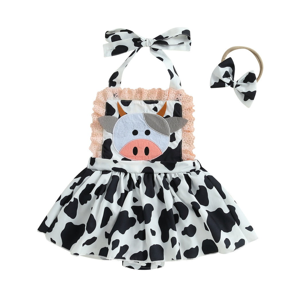 Cute Baby Cow Print Halter Bodysuit with Cow Applique, Lace Trim Skirt + Headband