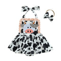 Cute Baby Cow Print Halter Bodysuit with Cow Applique, Lace Trim Skirt + Headband