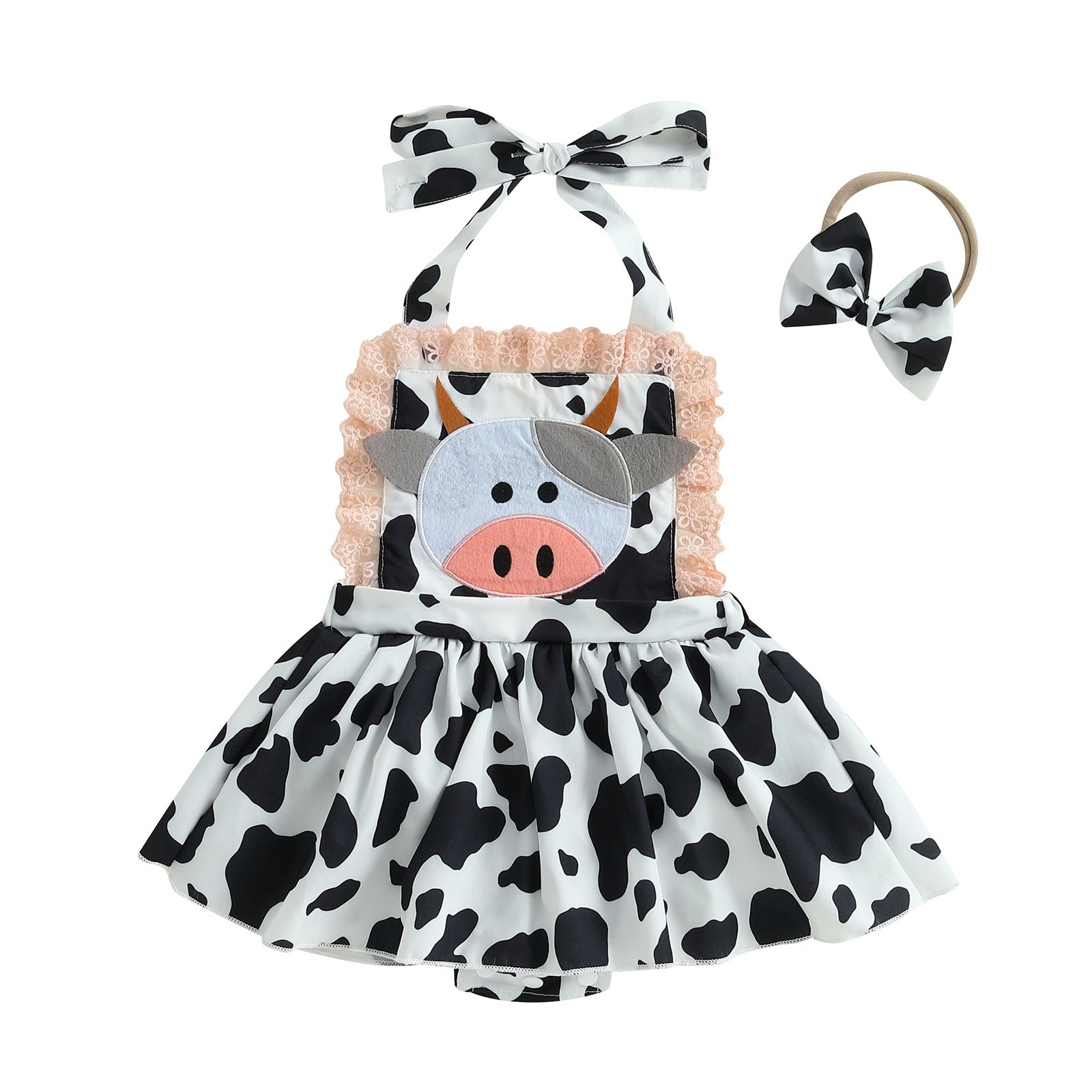 Cute Baby Cow Print Halter Bodysuit with Cow Applique, Lace Trim Skirt + Headband