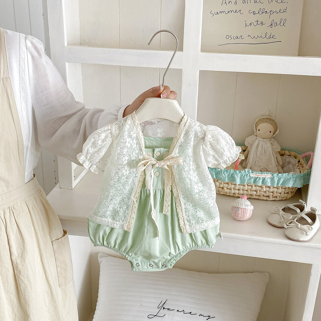 Cute Lace Puff Sleeve Cardigan Thin Outerwear with Matching Romper Set for Baby Girls Summer New Style