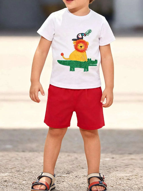 Kids white round-neck graphic T-shirt with lion dinosaur front, worn with red shorts