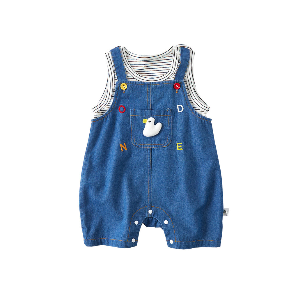 Summer New Baby 3D Cartoon Overalls Set, Baby Striped Vest Bodysuit Two-Piece Set