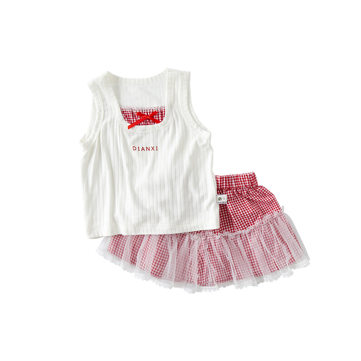 Cute Baby Girl Summer Casual Knit Vest with Cool Mesh Checkered Skirt Stylish Two-Piece Set