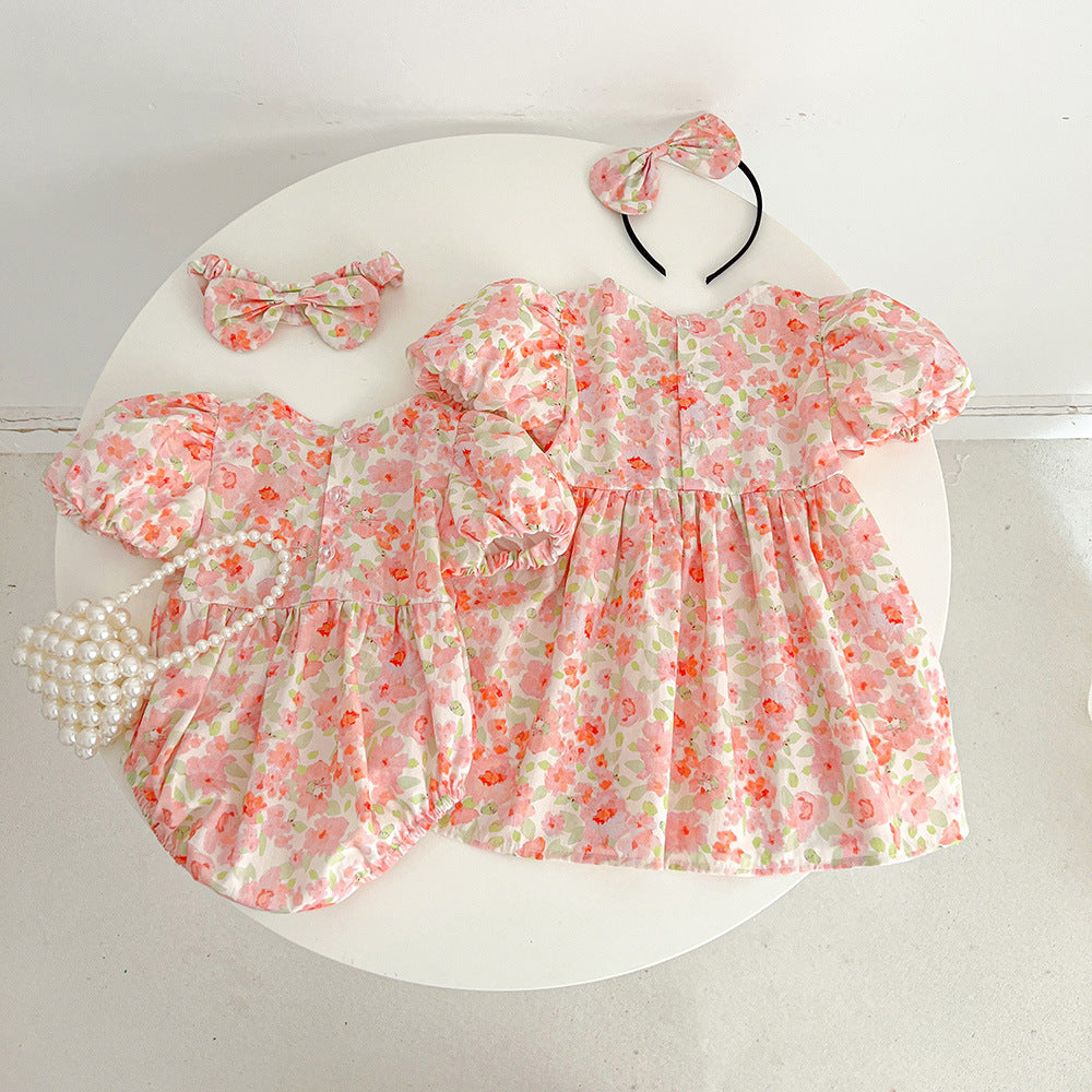 Summer Girls' Matching Floral Dresses, Baby Short Sleeve Rompers, Infant Triangular Bodysuits, Princess Dresses