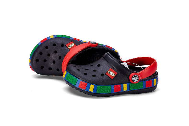 Kids’ hollow clogs, dark navy with red strap and perforated holes, multicolor edge trim