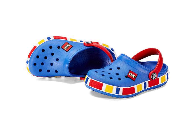Kids’ slip-on hollow clogs, blue with red strap lining and multicolor side trim