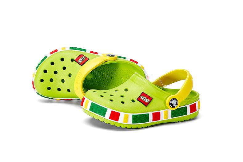 Kids’ slip-on hollow clogs, lime green and yellow with perforated holes and multicolor trim
