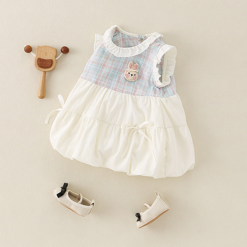 Newborn Baby Summer Romper Dress, Cute Cartoon Onesie for Girls Checkered Bodysuit