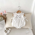 Summer Style Baby Embroidered Side Bow Romper, Girl's Charming Ruffle Sleeve Onesie