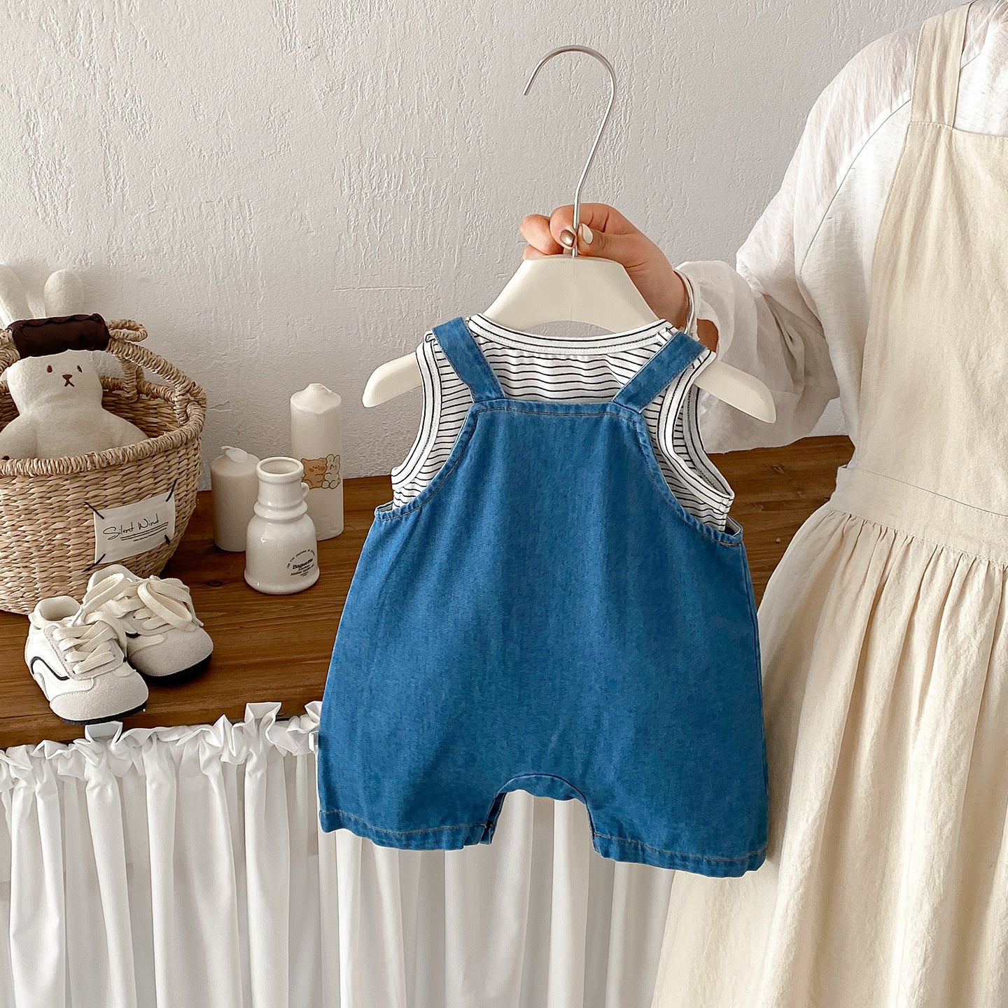 Summer New Baby 3D Cartoon Overalls Set, Baby Striped Vest Bodysuit Two-Piece Set