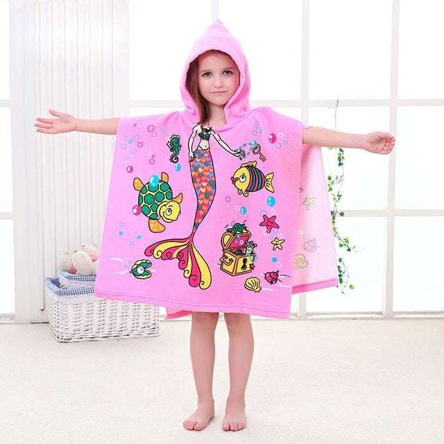 Kids hooded microfiber beach towel, bright pink with colorful fish and sea creature print