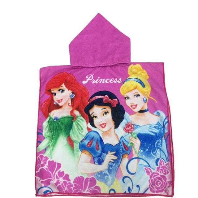 Kids hooded beach towel, pink princess characters and floral sparkle print