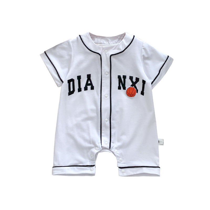 Baby Summer New  Short Sleeve Bodysuit with Basketball Applique Knit Open-Crotch Romper