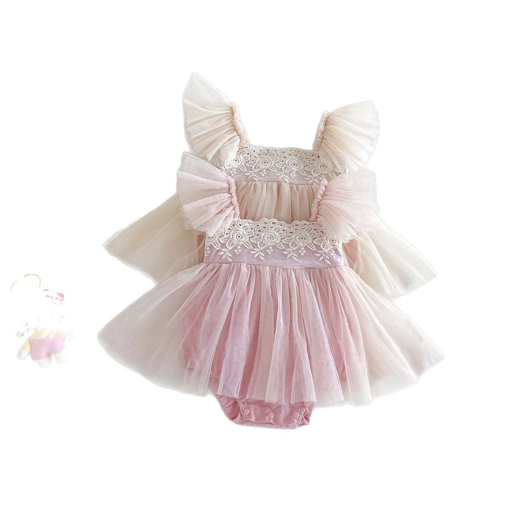 Baby Summer Lace Trim Flutter Sleeve Bodysuit Dress, Girl Baby Full Moon First Birthday Princess Dress, Tulle Dress