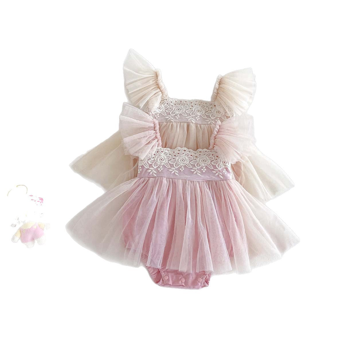 Baby Summer Lace Trim Flutter Sleeve Bodysuit Dress, Girl Baby Full Moon First Birthday Princess Dress, Tulle Dress