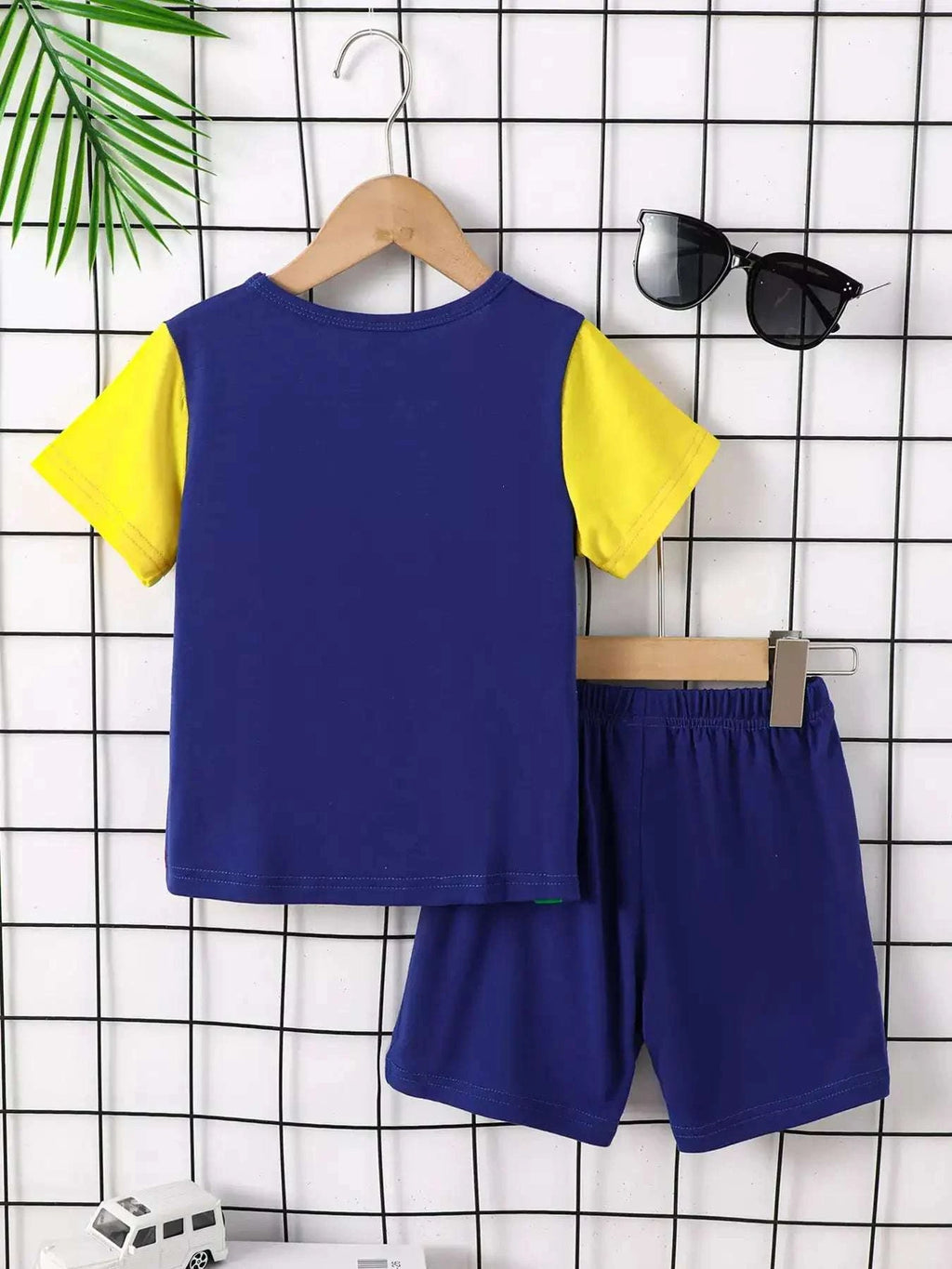 Children's color block tee and shorts set with navy-blue top and shorts, yellow sleeves, elastic waist