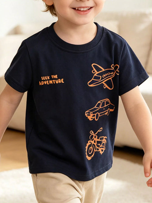Kids' black transport graphic T-shirt with plane, car, and motorcycle prints