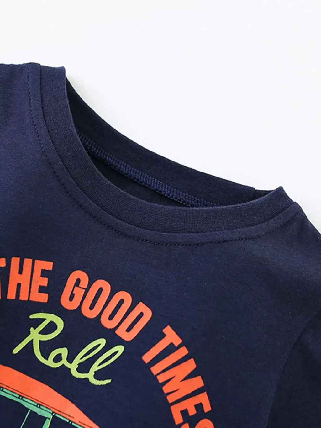 Dark navy crewneck graphic T-shirt with colorful slogan print