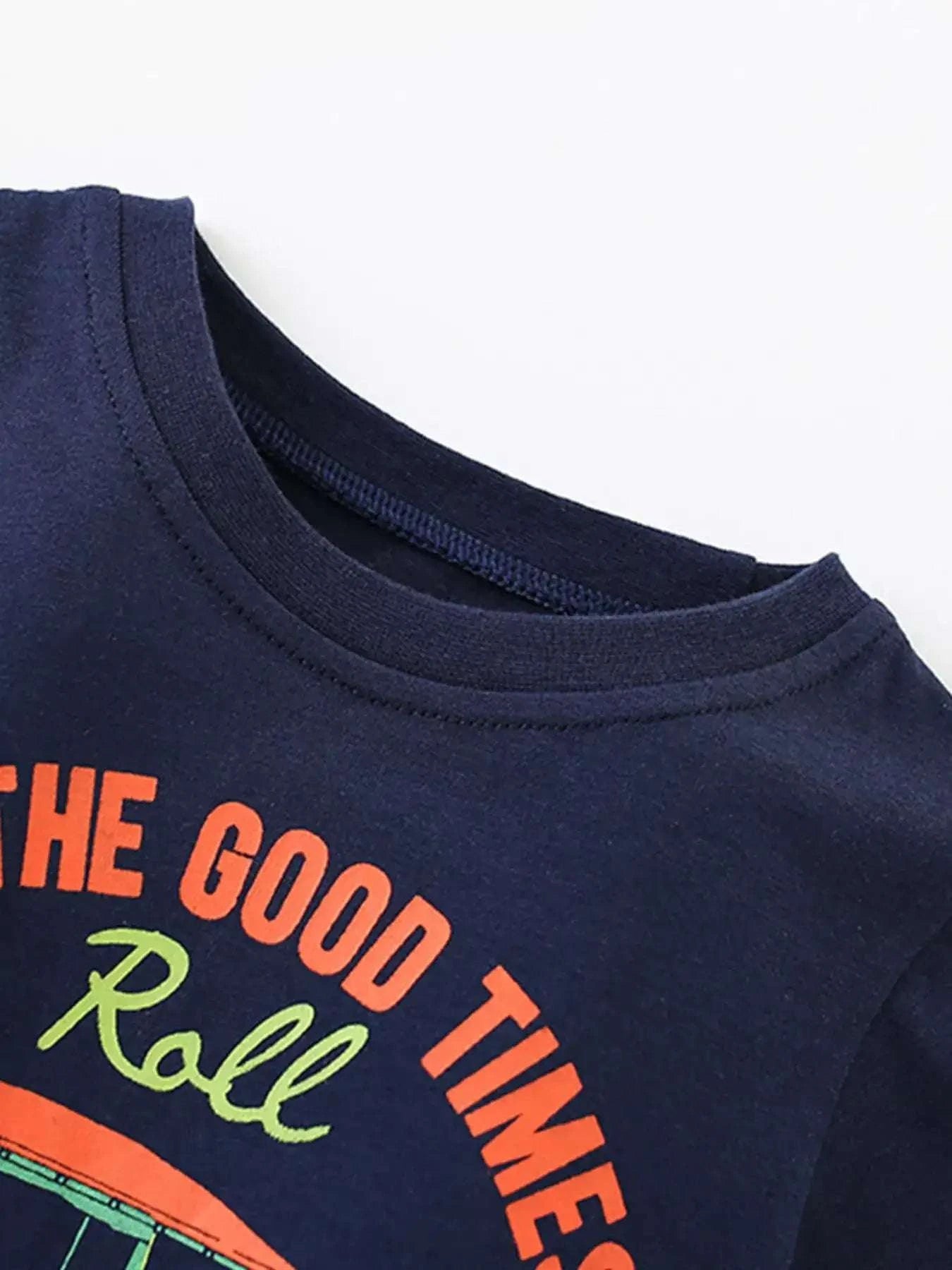 Dark navy crewneck graphic T-shirt with colorful slogan print