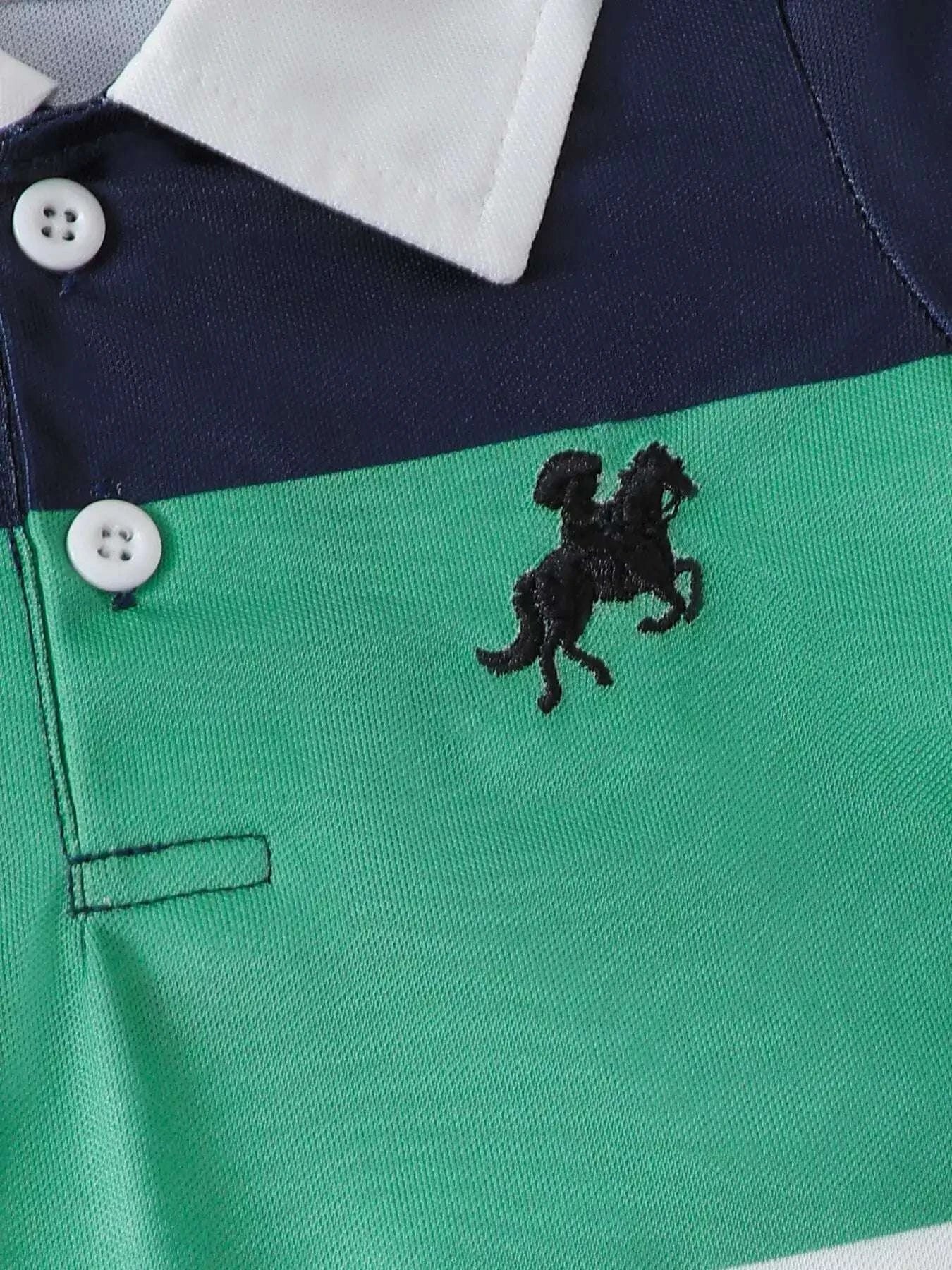 Children's romper front: green panel with navy horse applique and button placket